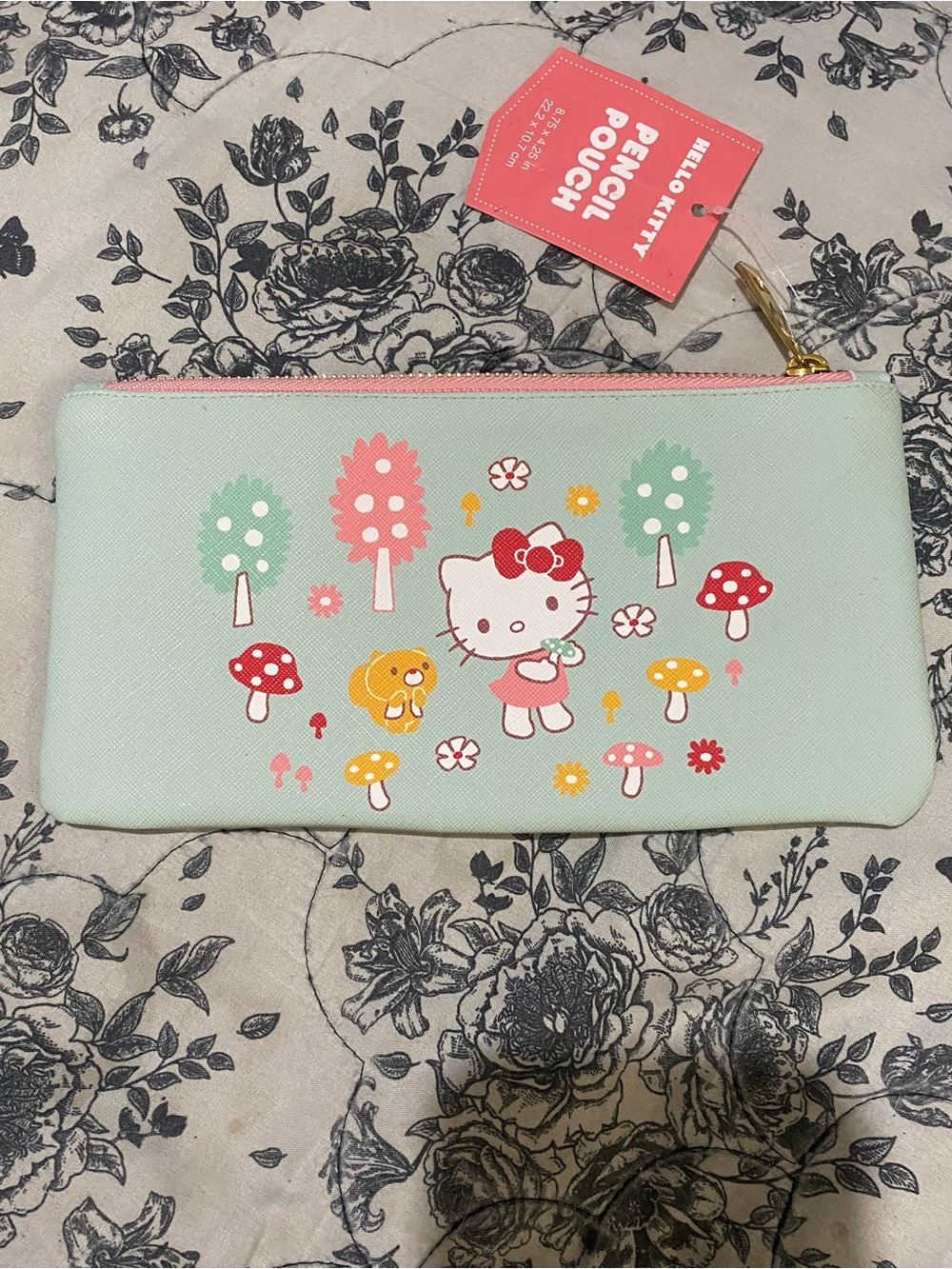 Hello Kitty Mint and Pink Forest Cottage Pencil Pouch mushroom